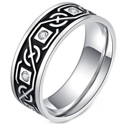 ***COI Titanium Black Silver/Black Celtic Ring With Cubic Zirconia-00064BB