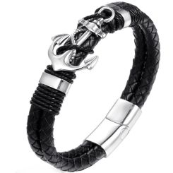 ***COI Titanium Black Silver Anchor Genuine Leather Bracelet With Steel Clasp(Length: 8.07 inches)-00072BB