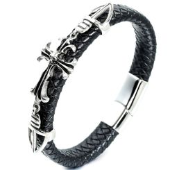 ***COI Titanium Cross Genuine Leather Bracelet With Steel Clasp(Length: 8.27 inches)-00100BB