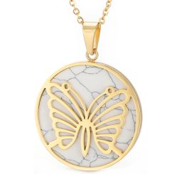 ***COI Gold Tone Titanium Butterfly Pendant With White Turquoise-00106BB