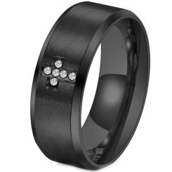 ***COI Titanium Black/Gold Tone/Silver Cross Beveled Edges Ring With Cubic Zirconia-00112BB