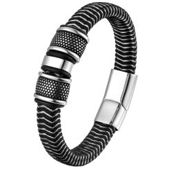 ***COI Titanium Black Silver Genuine Leather Bracelet With Steel Clasp(Length: 8.27 inches)-00145BB