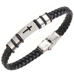 ***COI Titanium Cross Genuine Leather Bracelet With Steel Clasp(Length: 8.27 inches)-00149BB