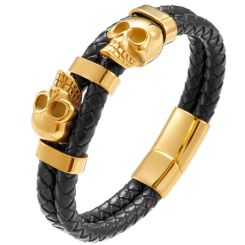 ***COI Titanium Black/Silver/Gold Tone Skull Genuine Leather Bracelet With Steel Clasp(Length: 9.06 inches)-00162BB
