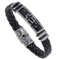 ***COI Titanium Cross Genuine Leather Bracelet With Steel Clasp(Length: 8.07 inches)-00180BB