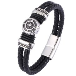 ***COI Titanium Compass Genuine Leather Bracelet With Steel Clasp(Length: 8.07 inches)-00187BB