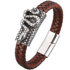 ***COI Titanium Black Silver Snake Genuine Leather Bracelet With Steel Clasp(Length: 8.46 inches)-00189BB