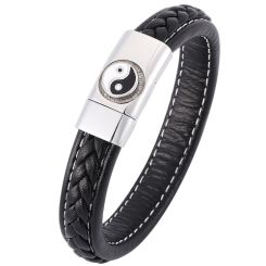 ***COI Titanium Yang Yeng Black Genuine Leather Bracelet With Steel Clasp(Length: 8.50 inches)-00190BB