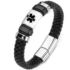 ***COI Titanium Black/Gold Tone Silver Medical Alert Genuine Leather Bracelet With Steel Clasp(Length: 7.87 inches)-00208BB