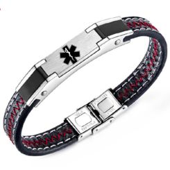 ***COI Titanium Black Silver Medical Alert Genuine Leather Bracelet With Steel Clasp(Length: 8.66 inches)-00209BB