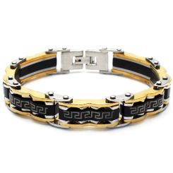 ***COI Titanium Black Gold Tone Silver Greek Key Pattern Bracelet With Steel Clasp(Length: 8.66 inches)-00231BB