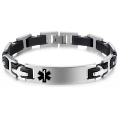 ***COI Titanium Black Silver Cross Medical Alert Bracelet With Steel Clasp(Length: 9.05 inches)-00233BB