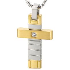 ***COI Titanium Gold Tone Silver Cross Pendant With Cubic Zirconia-00273BB