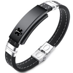 ***COI Titanium Black Silver Medical Alert Genuine Leather Bracelet With Steel Clasp(Length: 8.27 inches)-00283BB
