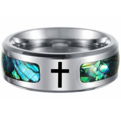 ***COI Titanium Abalone Shell Cross Beveled Edges Ring-00287BB