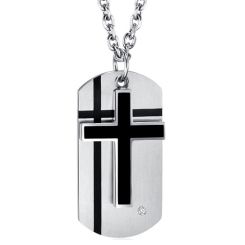 ***COI Titanium Black Silver Cross & Dog Tag Pendant With Cubic Zirconia-00313BB