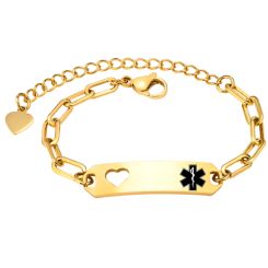***COI Titanium Gold Tone/Silver Medical Alert Heart Bracelet For Children With Steel Clasp(Length: 5.90 inches)-00317BB