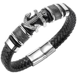 ***COI Titanium Black Silver Anchor Genuine Leather Bracelet With Steel Clasp(Length: 8.46 inches)-00341BB