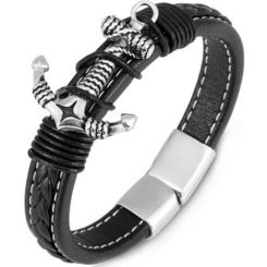 ***COI Titanium Black Silver Anchor Genuine Leather Bracelet With Steel Clasp(Length: 8.27 inches)-00344BB