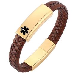 ***COI Titanium Gold Tone Medical Alert Genuine Leather Bracelet With Steel Clasp(Length: 8.07 inches)-00354BB