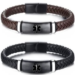 ***COI Black Silver Titanium Medical Alert Genuine Leather Bracelet With Steel Clasp(Length: 8.27 inches)-00356BB