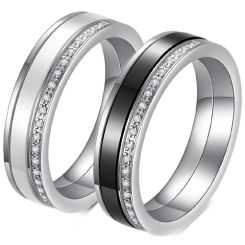 ***COI Titanium Black/White Ceramic Ring With Cubic Zirconia-00366BB