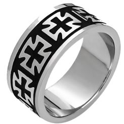 ***COI Titanium Black Silver Cross Pipe Cut Flat Ring-00378BB