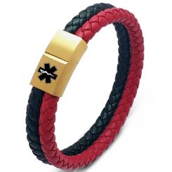 ***COI Gold Tone Titanium Medical Alert Genuine Leather Bracelet With Steel Clasp(Length: 7.87 inches)-00382BB