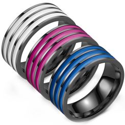 ***COI Black Titanium Blue/Purple/White Ceramic Triple Grooves Ring-00393BB