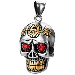***COI Titanium Black Gold Tone Silver Skull Pendant With Created Red Ruby-00419BB