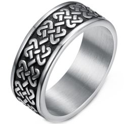 ***COI Titanium Black Silver Celtic Knots Ring-00424BB