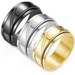 ***COI Titanium Black/Gold Tone/Silver Diagonal Grooves Step Edges Rotating Ring-00443BB