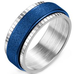 ***COI Titanium Silver Black/Blue/Gold Tone/Silver Step Edges Rotating Ring-00444BB