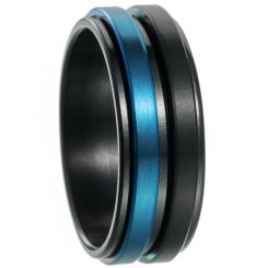 ***COI Titanium Black Blue Center Groove Step Edges Rotating Ring-00445BB
