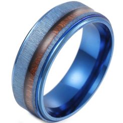 ***COI Titanium Gold Tone/Blue/Silver Step Edges Ring With Wood-00446BB 