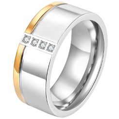***COI Titanium Gold Tone Silver Offset Groove Ring With Cubic Zirconia-00467BB