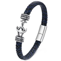 ***COI Titanium Black Silver Anchor Genuine Leather Bracelet With Steel Clasp(Length: 9.06 inches)-00490BB