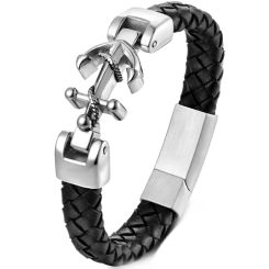 ***COI Titanium Anchor Genuine Leather Bracelet With Steel Clasp(Length: 9.06 inches)-00491BB