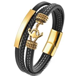 ***COI Gold Tone Titanium Anchor Genuine Leather Bracelet With Steel Clasp(Length: 9.06 inches)-00492BB