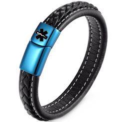 ***COI Blue Titanium Medical Alert Genuine Leather Bracelet With Steel Clasp(Length: 9.06 inches)-00505BB