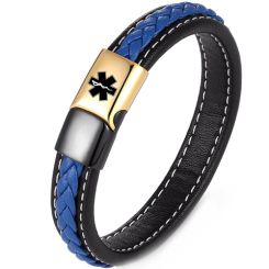 ***COI Titanium Black Gold Tone Medical Alert Genuine Leather Bracelet With Steel Clasp(Length: 9.06 inches)-00506BB