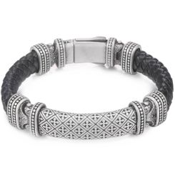 ***COI Titanium Black Silver Cross Genuine Leather Bracelet With Steel Clasp(Length: 8.46 inches)-00532BB
