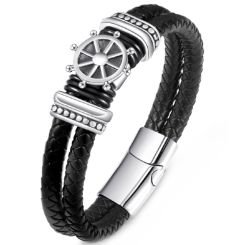 ***COI Titanium Ship's Steering Wheel Genuine Leather Bracelet With Steel Clasp(Length: 8.27 inches)-00533BB