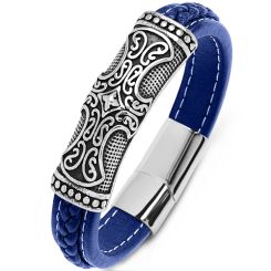 ***COI Titanium Black Silver Cross Genuine Leather Bracelet With Steel Clasp(Length: 9.06 inches)-00556BB