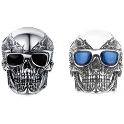***COI Titanium Black Silver Skull Ring With Created Blue Sapphire/Black Onyx-00568BB