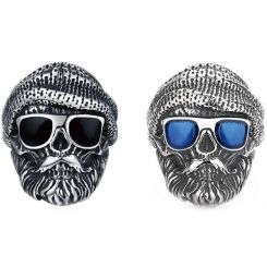 ***COI Titanium Black Silver Skull Ring With Created Blue Sapphire/Black Onyx-00569BB