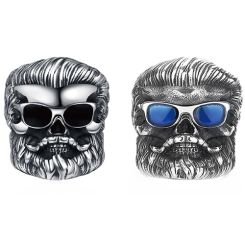 ***COI Titanium Black Silver Skull Ring With Created Blue Sapphire/Black Onyx-00570BB