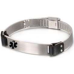 ***COI Titanium Black/Gold Tone/Silver Medical Alert Genuine Leather Bracelet With Steel Clasp(Length: 9.84 inches)-00579BB