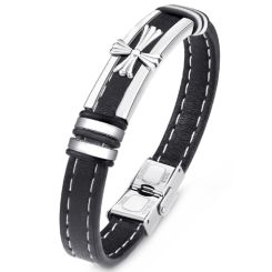 ***COI Titanium Cross Genuine Leather Bracelet With Steel Clasp(Length: 8.27 inches)-00587BB