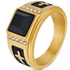 ***COI Titanium Black/Gold Tone/Silver Black Cross Ring With Black Onyx & Cubic Zirconia-00596BB